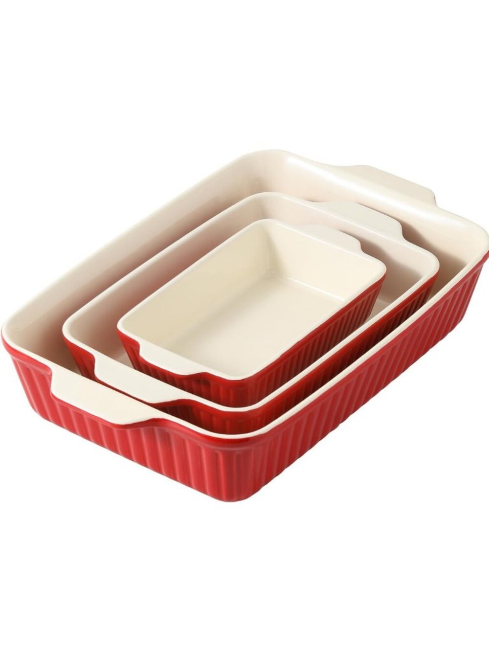 Set of 3 Rectangular Ceramic Casserole Dishes for Oven, 135 oz Capacity, Red